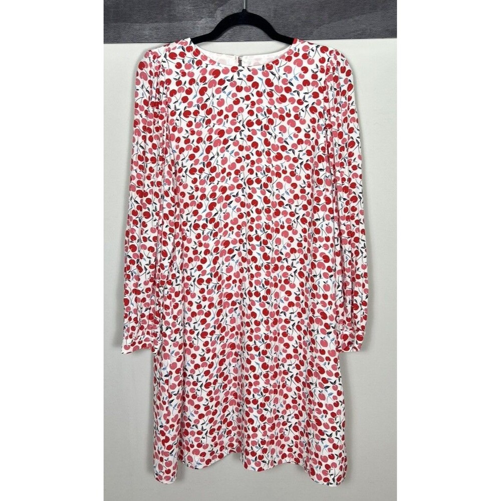 Loft Cherry Print Dress Balloon Long Sleeve Swing Dress Red White Sz Large